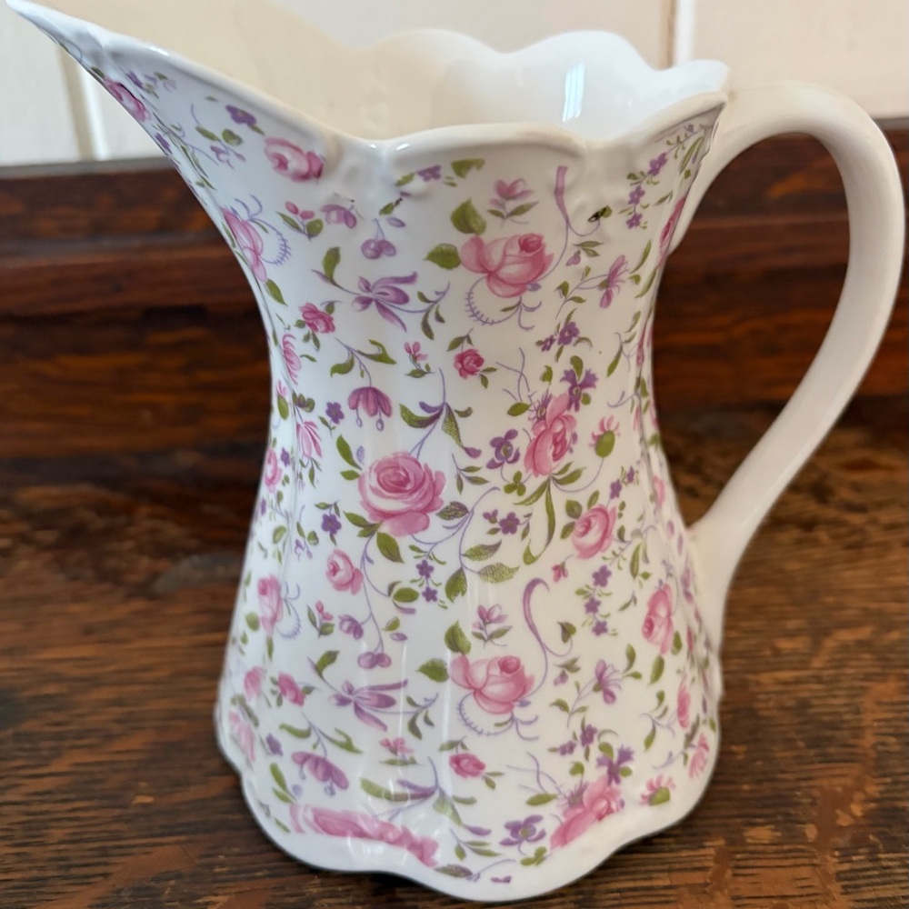 Vintage Floral Pink Rose Porcelain Pitcher by St. george England 7” Tall